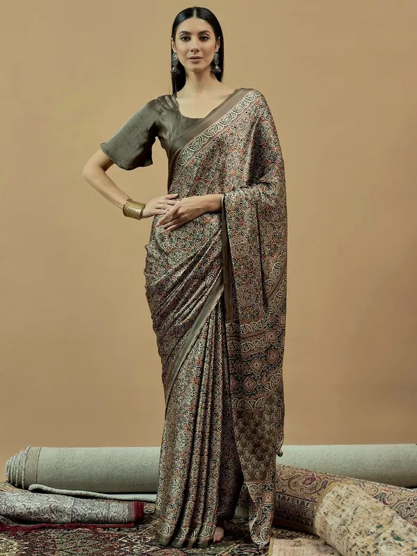 Green_Traditional_Ajrakh_Print_Semi_Modal_Silk_Saree_740006